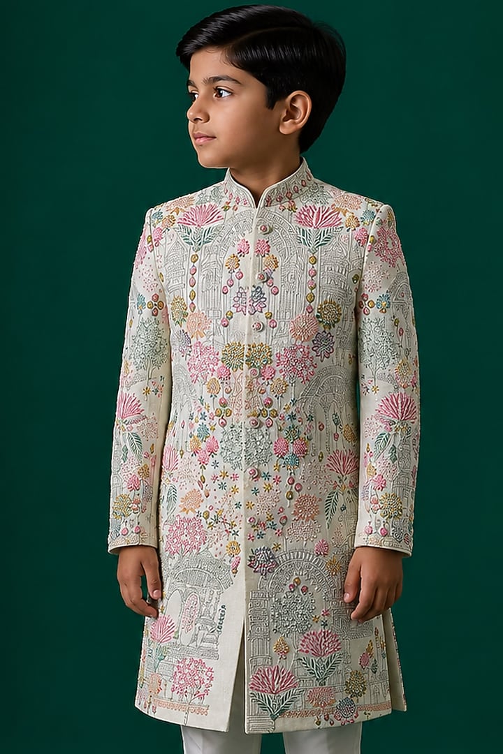 Ivory Tussar Hand & Machine Embroidered Sherwani Set For Boys by Sammohan Kids at Pernia's Pop Up Shop