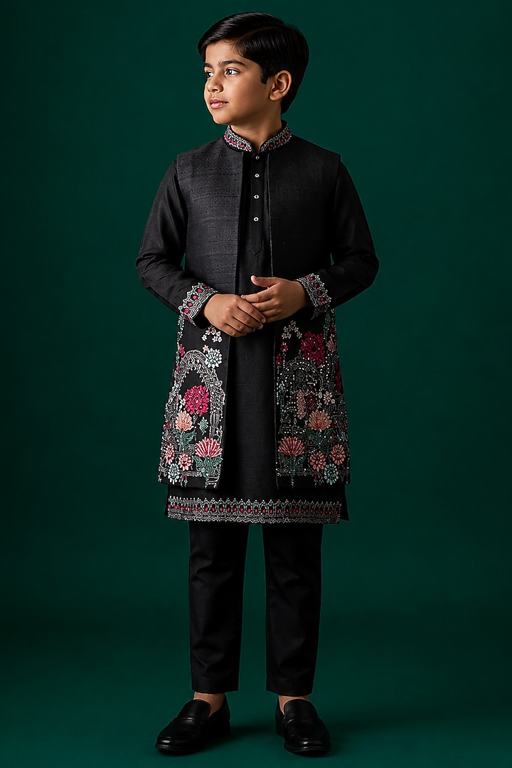 Black Tussar & Raw Silk Embroidered Indowestern Set For Boys by Sammohan Kids at Pernia's Pop Up Shop