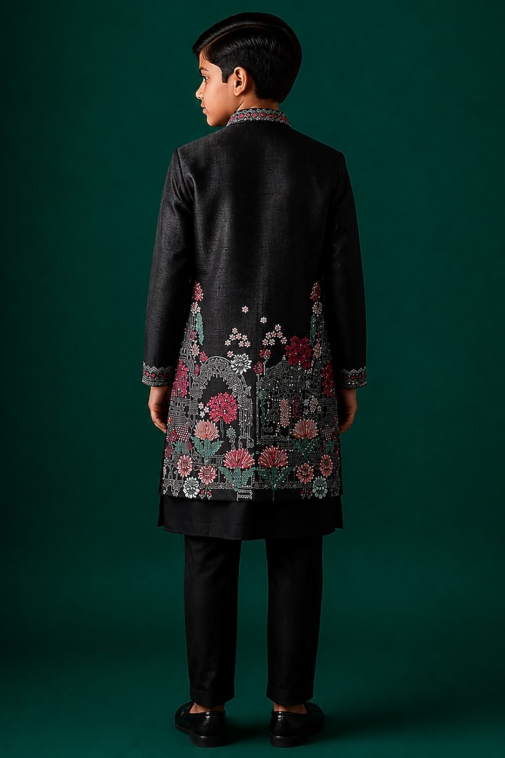 Black Tussar & Raw Silk Embroidered Indowestern Set For Boys by Sammohan Kids at Pernia's Pop Up Shop