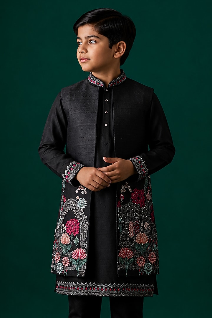 Black Tussar & Raw Silk Embroidered Indowestern Set For Boys by Sammohan Kids at Pernia's Pop Up Shop