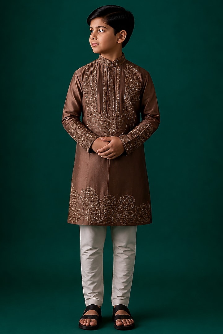 Beige Tussar Hand & Machine Embroidered Kurta Set For Boys by Sammohan Kids at Pernia's Pop Up Shop