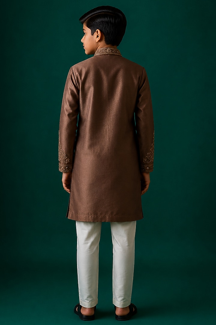 Beige Tussar Hand & Machine Embroidered Kurta Set For Boys by Sammohan Kids at Pernia's Pop Up Shop