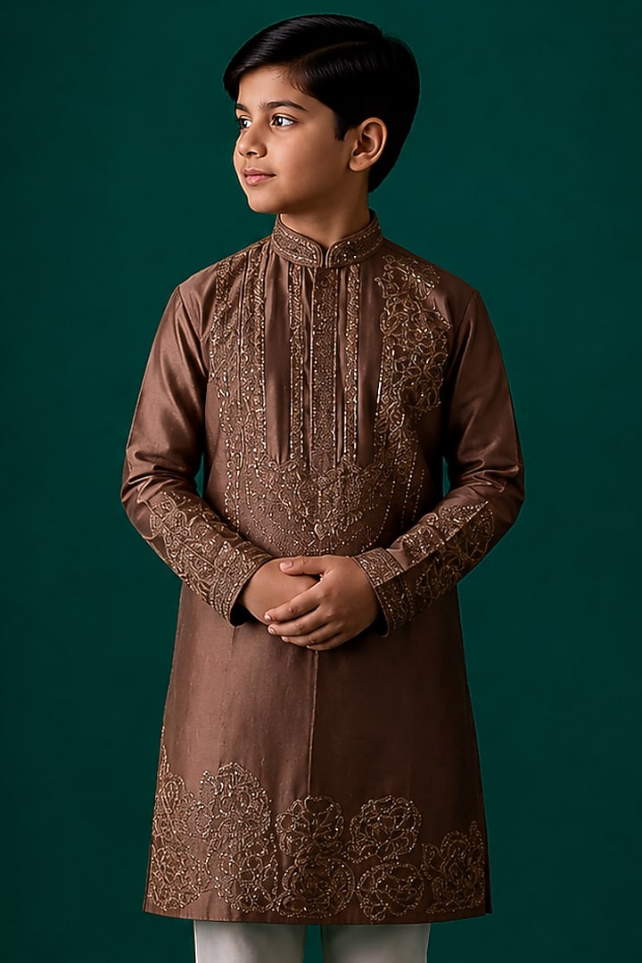 Beige Tussar Hand & Machine Embroidered Kurta Set For Boys by Sammohan Kids at Pernia's Pop Up Shop