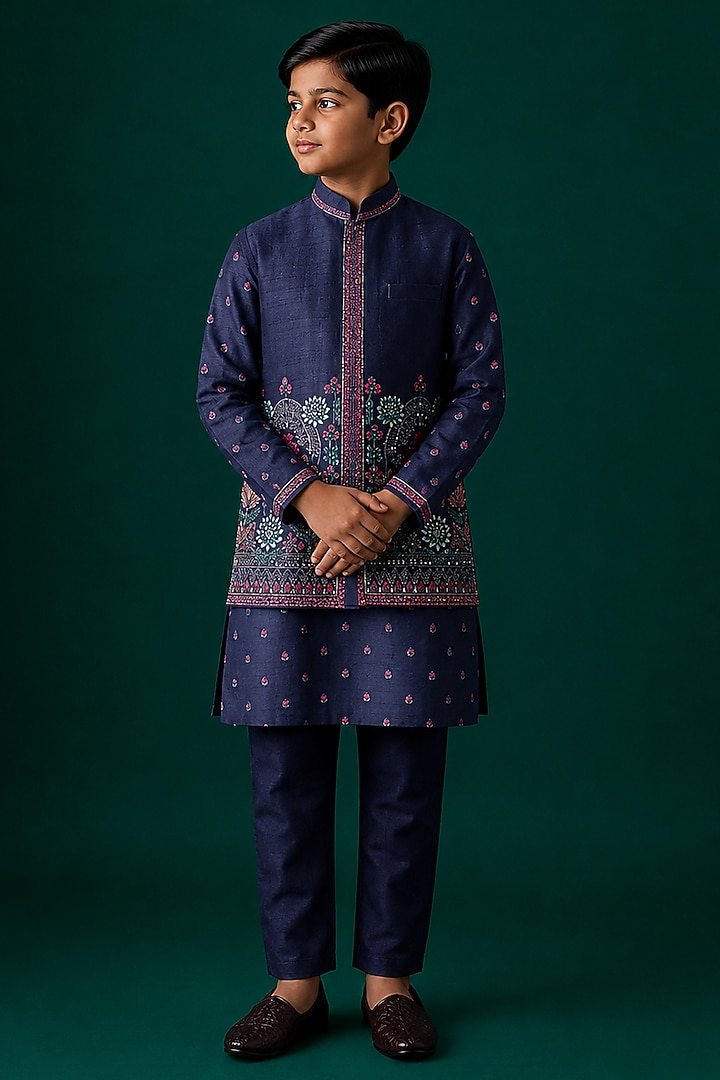 Blue Tussar & Raw Silk Embroidered Bundi Jacket Set For Boys by Sammohan Kids at Pernia's Pop Up Shop