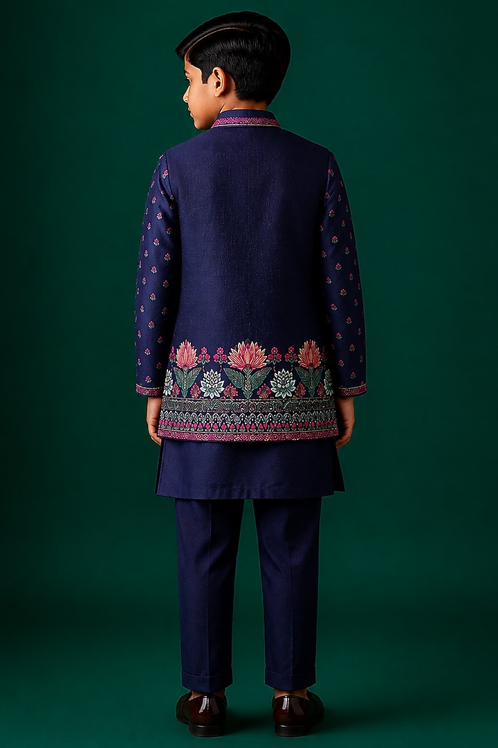 Blue Tussar & Raw Silk Embroidered Bundi Jacket Set For Boys by Sammohan Kids at Pernia's Pop Up Shop