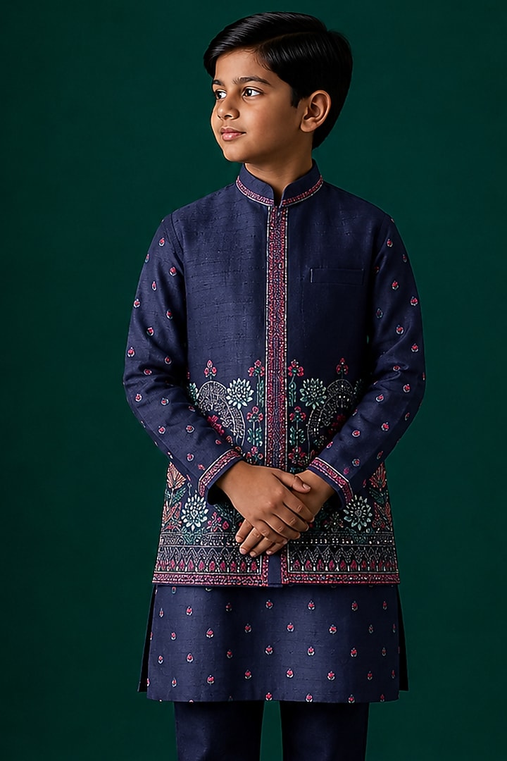 Blue Tussar & Raw Silk Embroidered Bundi Jacket Set For Boys by Sammohan Kids at Pernia's Pop Up Shop