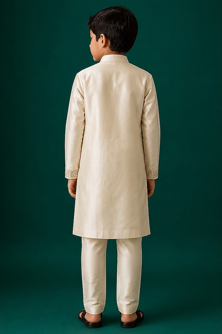 Ivory Tussar Hand & Machine Embroidered Kurta Set For Boys by Sammohan Kids at Pernia's Pop Up Shop