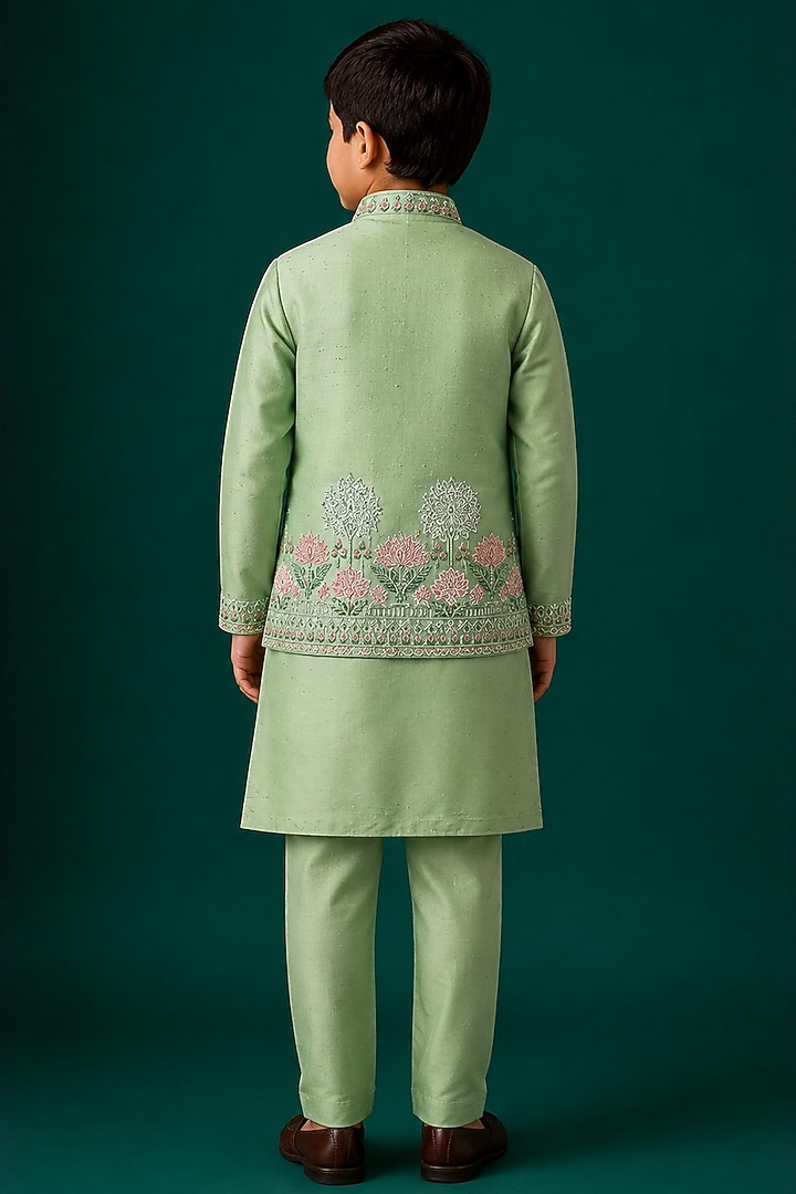 Green Tussar & Raw Silk Embroidered Bundi Jacket Set For Boys by Sammohan Kids at Pernia's Pop Up Shop