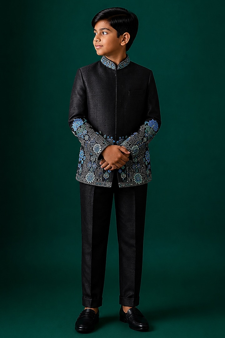 Black Tussar Hand & Machine Embroidered Bandhgala Set For Boys by Sammohan Kids at Pernia's Pop Up Shop