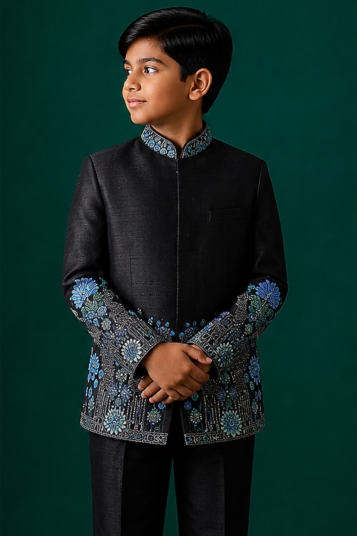 Black Tussar Hand & Machine Embroidered Bandhgala Set For Boys by Sammohan Kids at Pernia's Pop Up Shop
