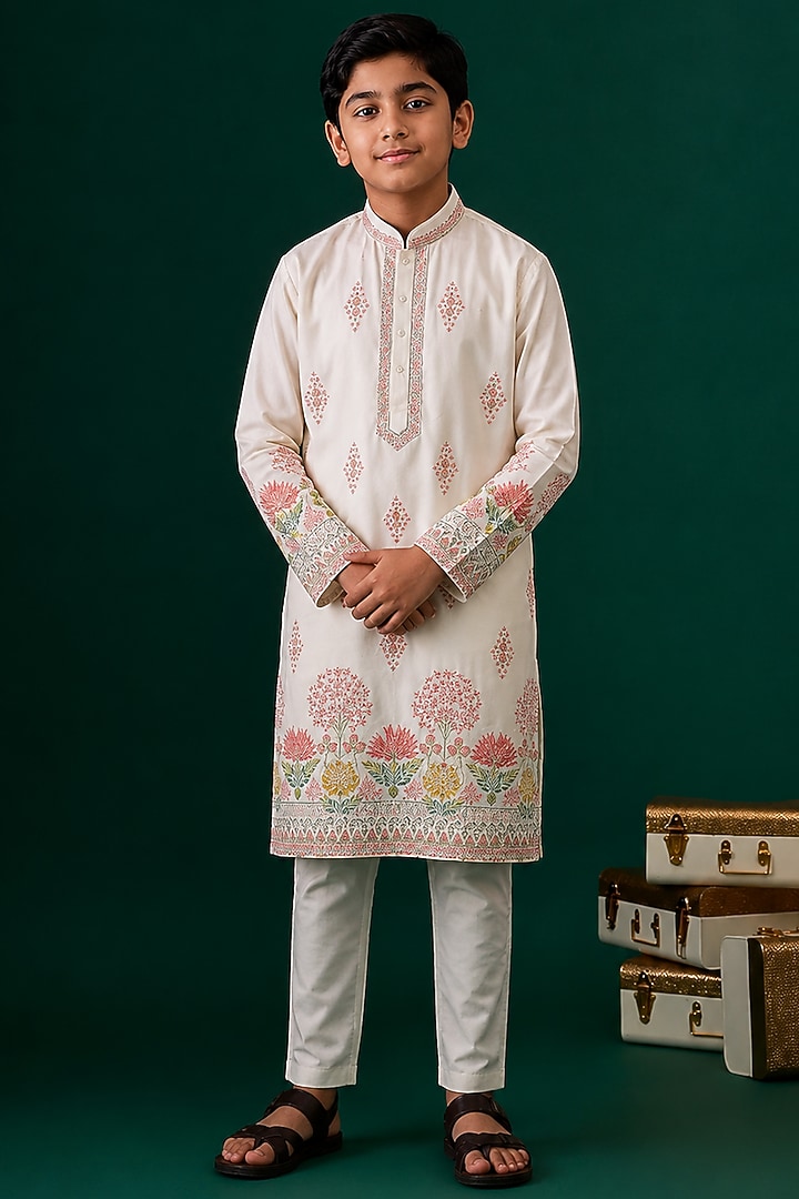 Ivory Tussar Hand & Machine Embroidered Kurta Set For Boys by Sammohan Kids at Pernia's Pop Up Shop