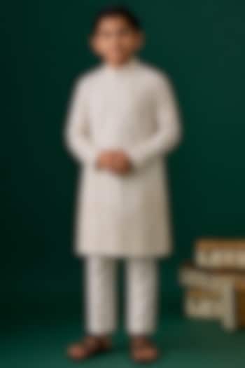 Ivory Tussar Hand & Machine Embroidered Kurta Set For Boys by Sammohan Kids at Pernia's Pop Up Shop