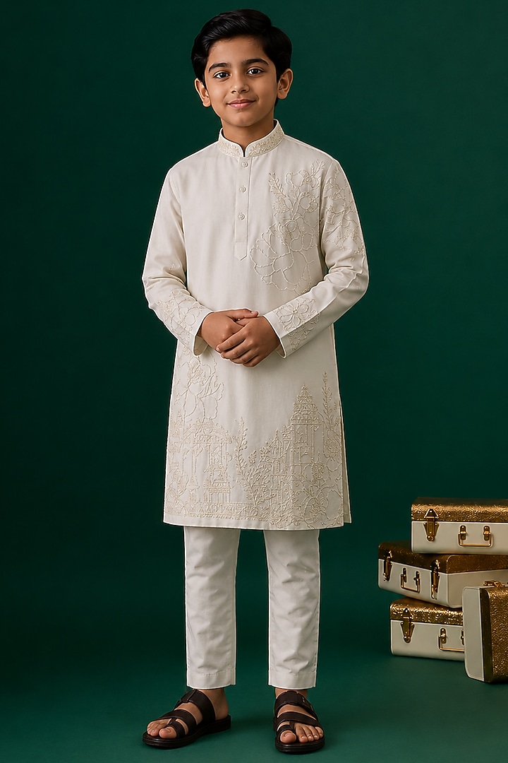 Ivory Tussar Hand & Machine Embroidered Kurta Set For Boys by Sammohan Kids at Pernia's Pop Up Shop
