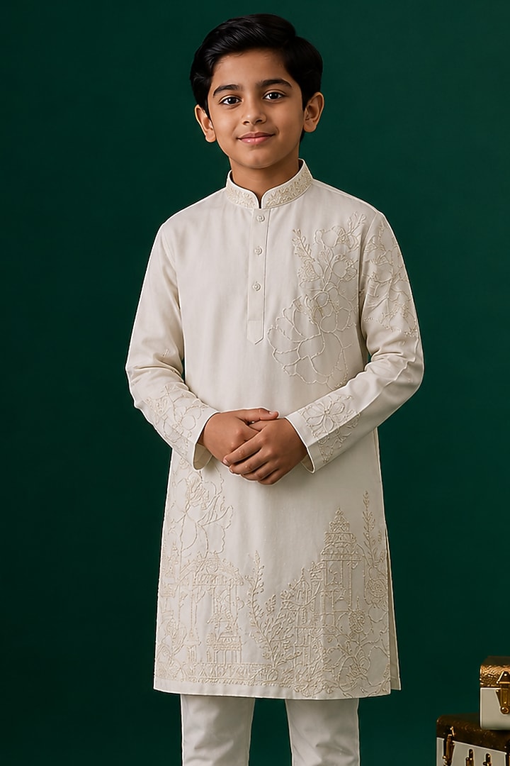 Ivory Tussar Hand & Machine Embroidered Kurta Set For Boys by Sammohan Kids at Pernia's Pop Up Shop
