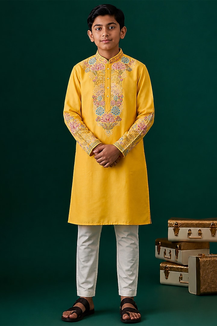 Yellow Tussar Hand & Machine Embroidered Kurta Set For Boys by Sammohan Kids at Pernia's Pop Up Shop