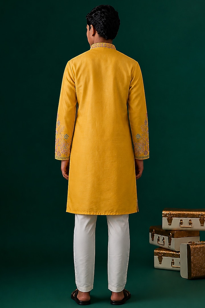 Yellow Tussar Hand & Machine Embroidered Kurta Set For Boys by Sammohan Kids at Pernia's Pop Up Shop