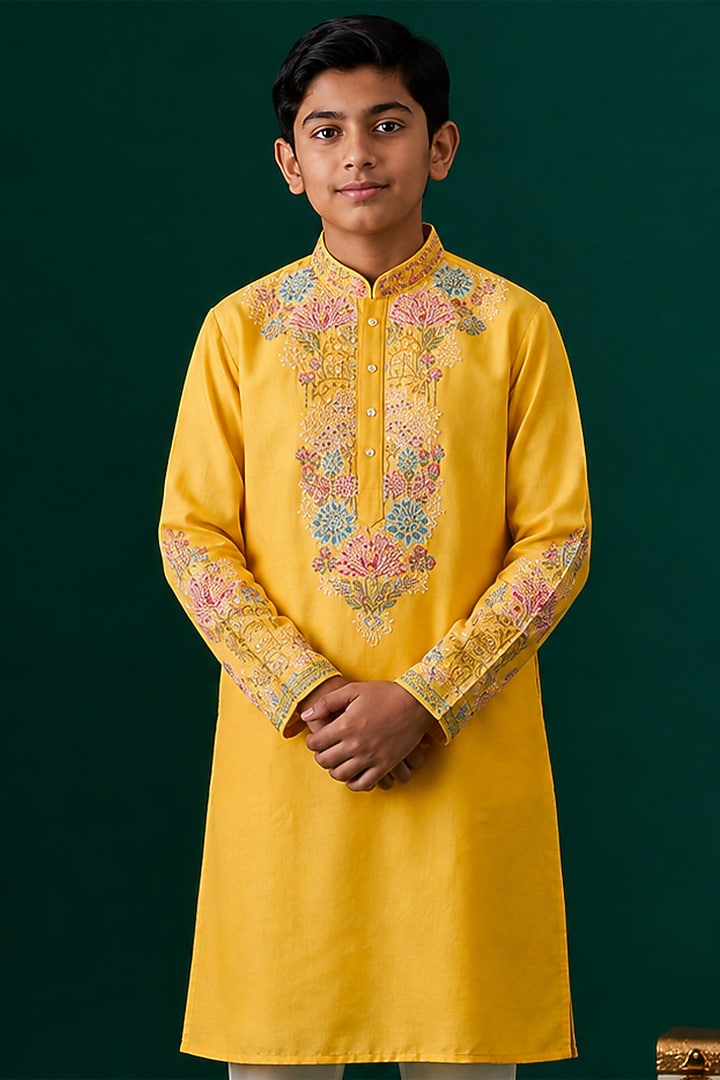 Yellow Tussar Hand & Machine Embroidered Kurta Set For Boys by Sammohan Kids at Pernia's Pop Up Shop