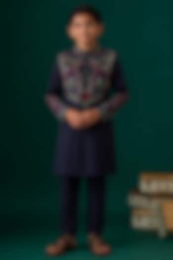 Blue Tussar Hand & Machine Embroidered Kurta Set For Boys by Sammohan Kids at Pernia's Pop Up Shop