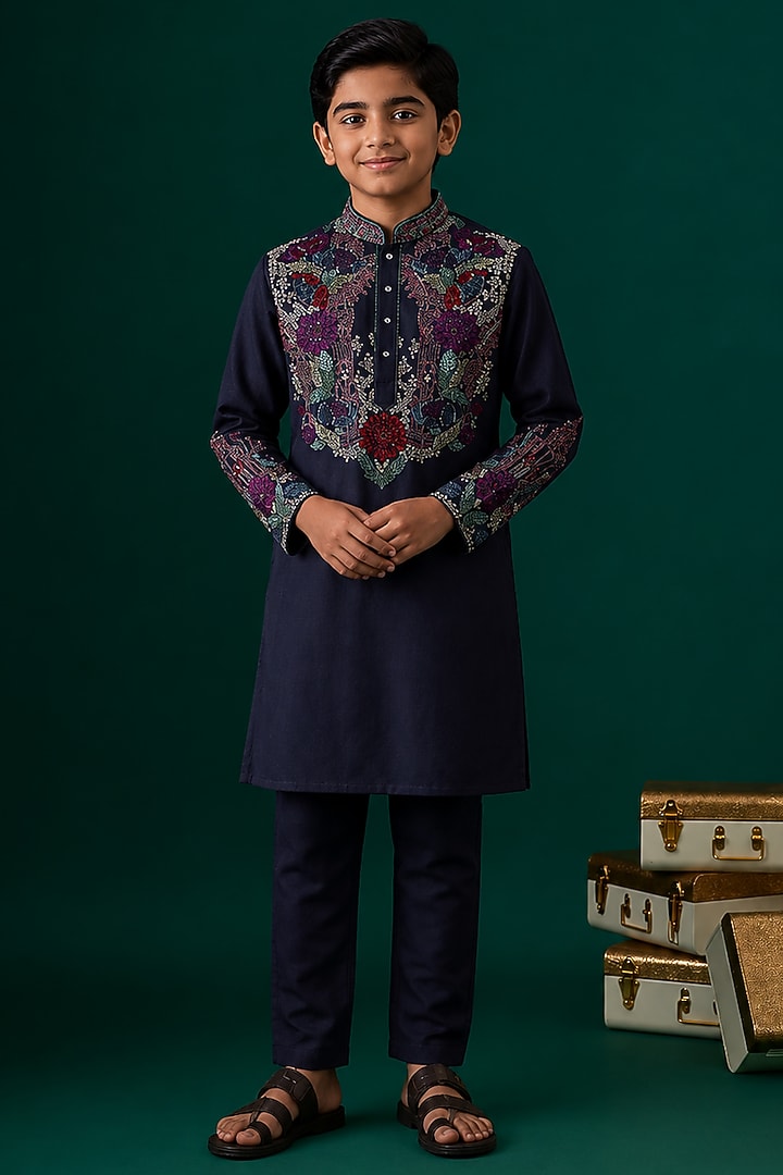 Blue Tussar Hand & Machine Embroidered Kurta Set For Boys by Sammohan Kids at Pernia's Pop Up Shop
