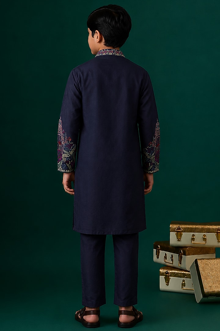 Blue Tussar Hand & Machine Embroidered Kurta Set For Boys by Sammohan Kids at Pernia's Pop Up Shop