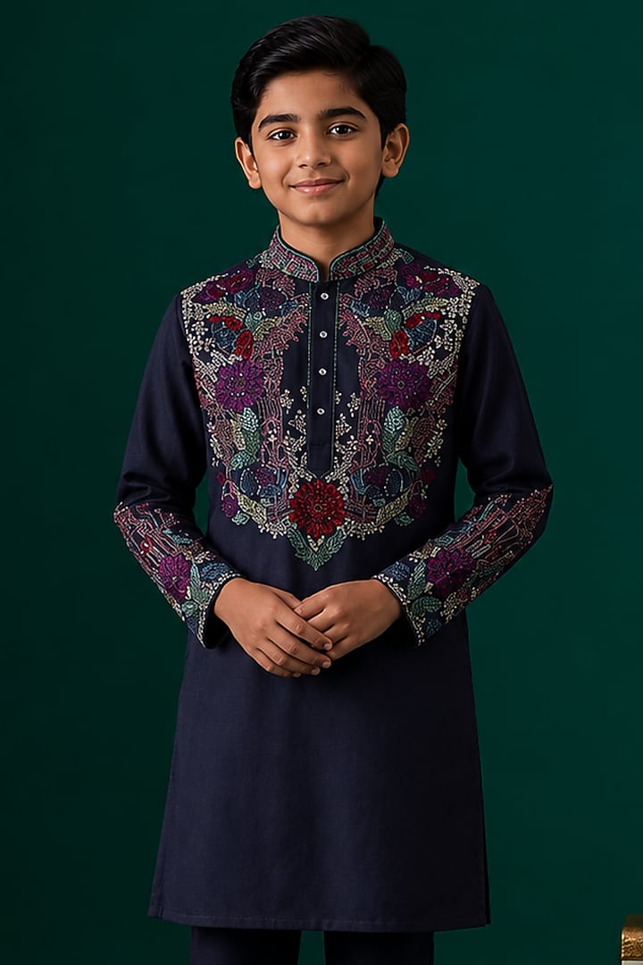 Blue Tussar Hand & Machine Embroidered Kurta Set For Boys by Sammohan Kids at Pernia's Pop Up Shop