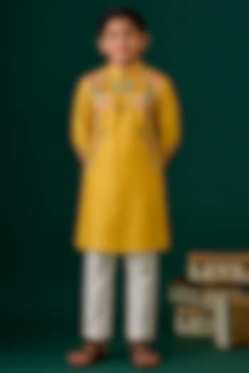 Yellow Tussar Hand & Machine Embroidered Kurta Set For Boys by Sammohan Kids at Pernia's Pop Up Shop