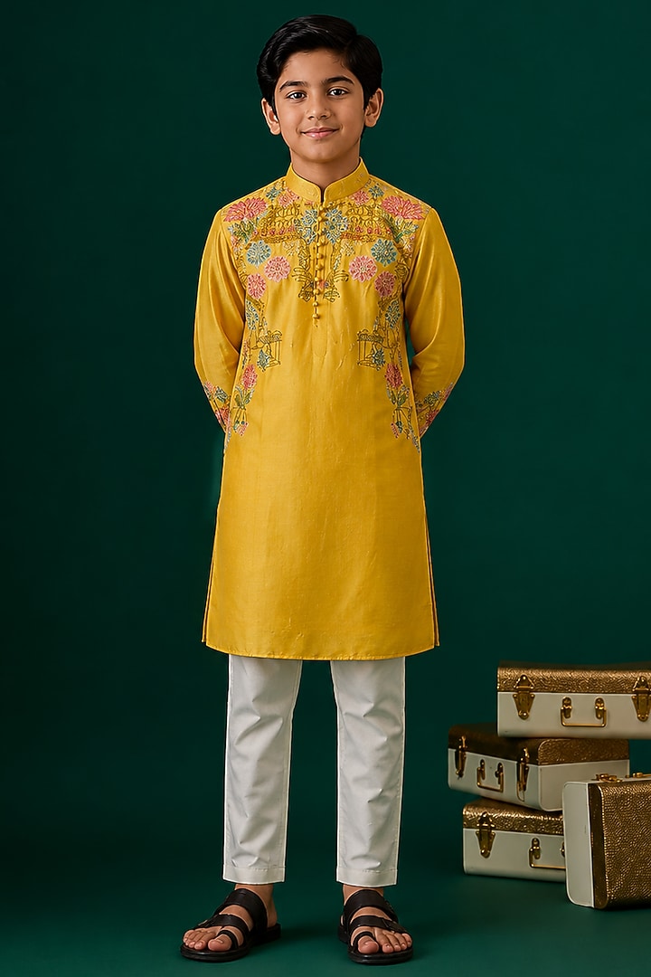 Yellow Tussar Hand & Machine Embroidered Kurta Set For Boys by Sammohan Kids at Pernia's Pop Up Shop