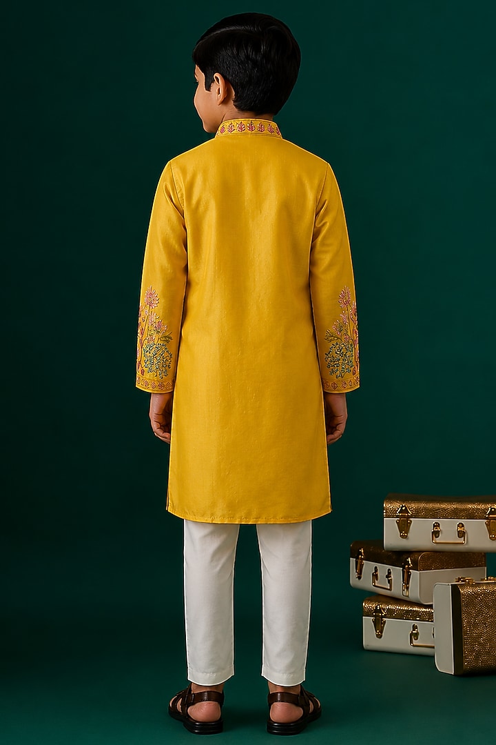 Yellow Tussar Hand & Machine Embroidered Kurta Set For Boys by Sammohan Kids at Pernia's Pop Up Shop