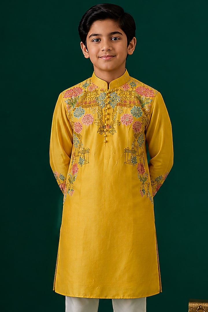 Yellow Tussar Hand & Machine Embroidered Kurta Set For Boys by Sammohan Kids at Pernia's Pop Up Shop