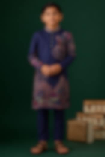 Blue Tussar Hand & Machine Embroidered Kurta Set For Boys by Sammohan Kids at Pernia's Pop Up Shop