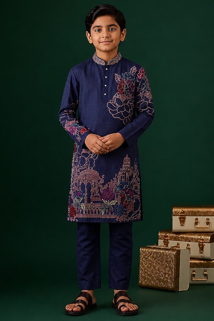 Blue Tussar Hand & Machine Embroidered Kurta Set For Boys by Sammohan Kids at Pernia's Pop Up Shop