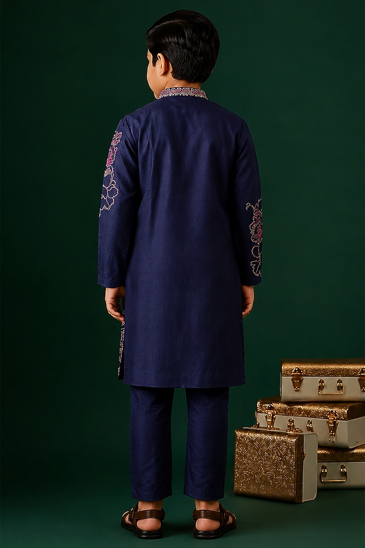Blue Tussar Hand & Machine Embroidered Kurta Set For Boys by Sammohan Kids at Pernia's Pop Up Shop