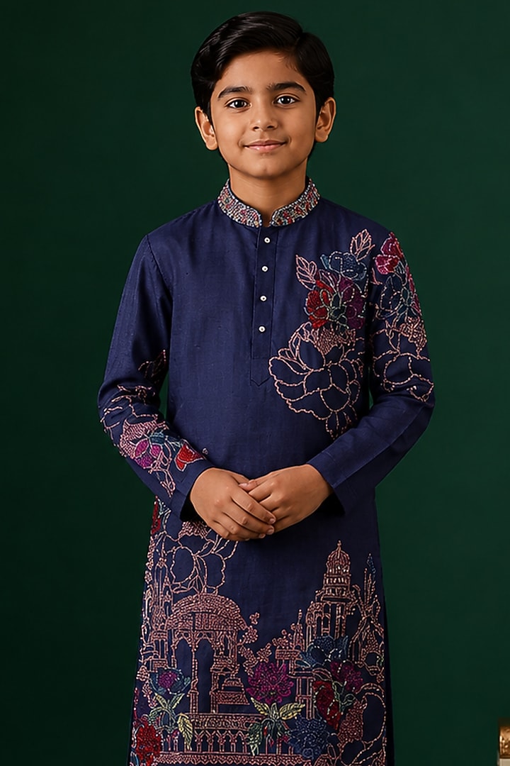 Blue Tussar Hand & Machine Embroidered Kurta Set For Boys by Sammohan Kids at Pernia's Pop Up Shop
