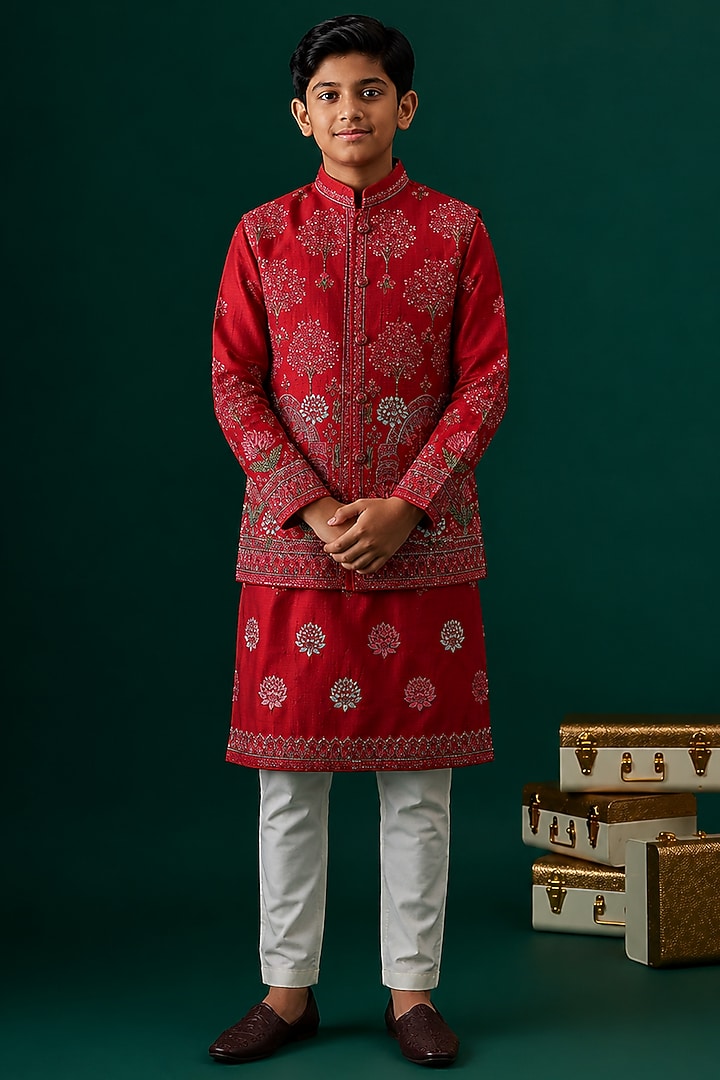 Red Tussar & Raw Silk Embroidered Bundi Jacket Set For Boys by Sammohan Kids at Pernia's Pop Up Shop