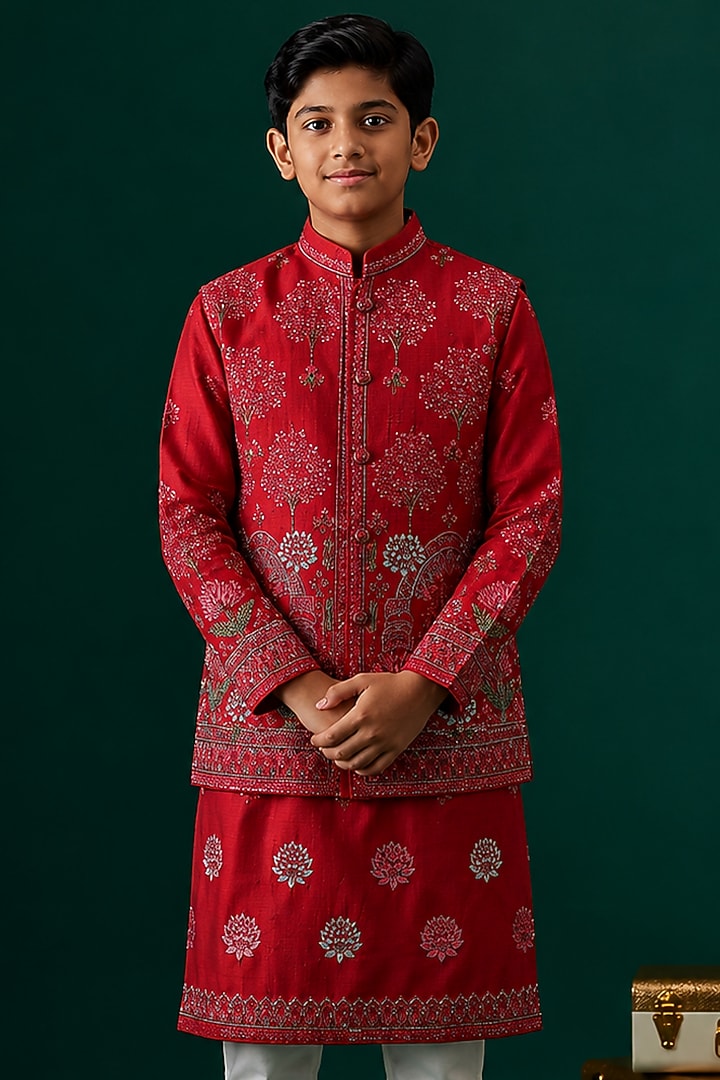 Red Tussar & Raw Silk Embroidered Bundi Jacket Set For Boys by Sammohan Kids at Pernia's Pop Up Shop