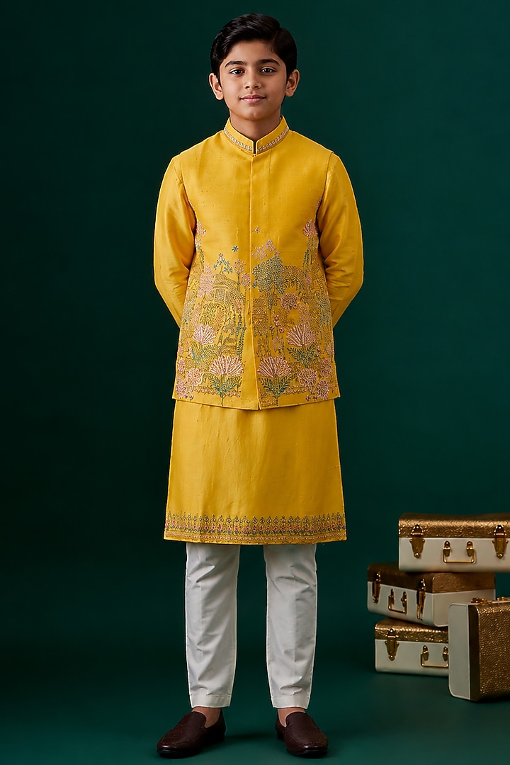 Yellow Tussar & Raw Silk Embroidered Bundi Jacket Set For Boys by Sammohan Kids at Pernia's Pop Up Shop