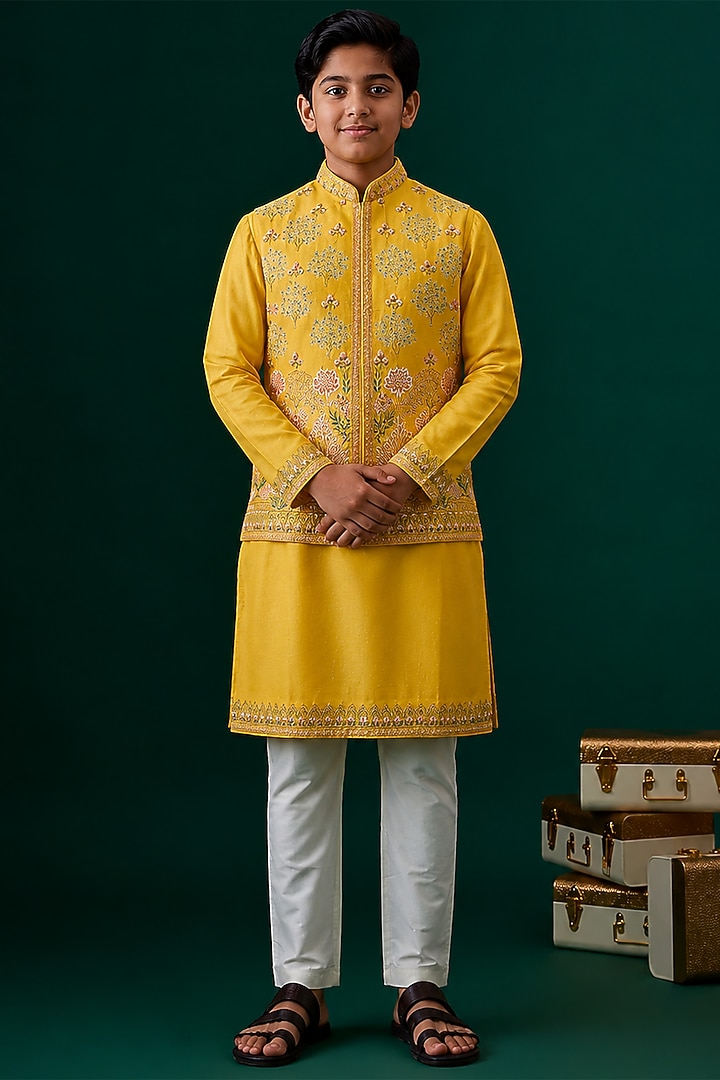 Yellow Tussar & Raw Silk Embroidered Bundi Jacket Set For Boys by Sammohan Kids at Pernia's Pop Up Shop