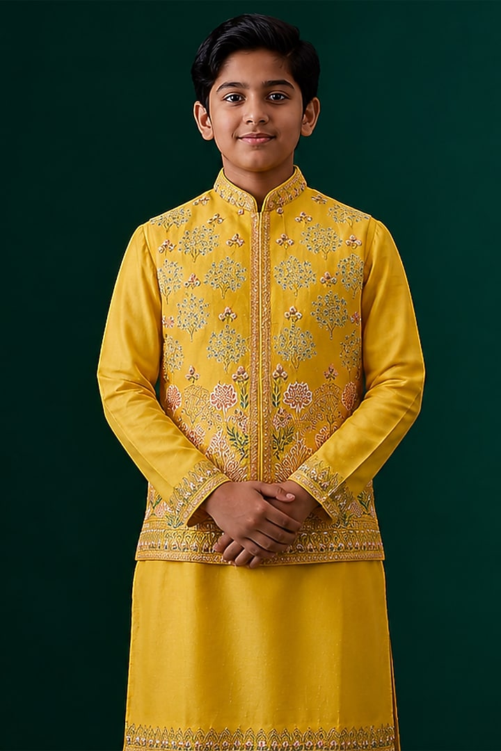 Yellow Tussar & Raw Silk Embroidered Bundi Jacket Set For Boys by Sammohan Kids at Pernia's Pop Up Shop