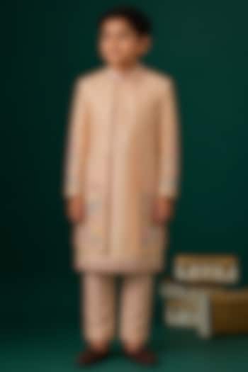 Peach Tussar Hand & Machine Embroidered Indowestern Set For Boys by Sammohan Kids at Pernia's Pop Up Shop