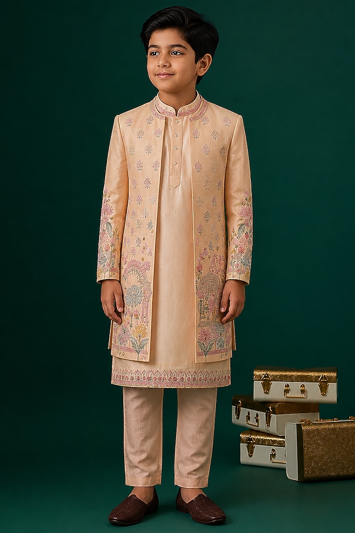 Peach Tussar Hand & Machine Embroidered Indowestern Set For Boys by Sammohan Kids at Pernia's Pop Up Shop