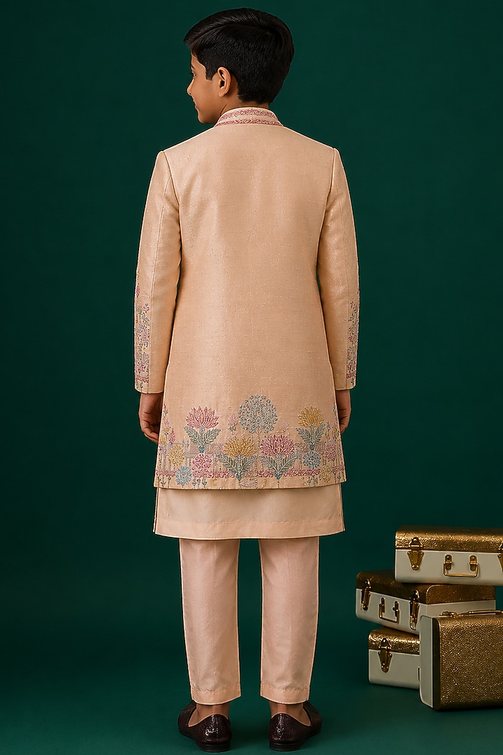 Peach Tussar Hand & Machine Embroidered Indowestern Set For Boys by Sammohan Kids at Pernia's Pop Up Shop