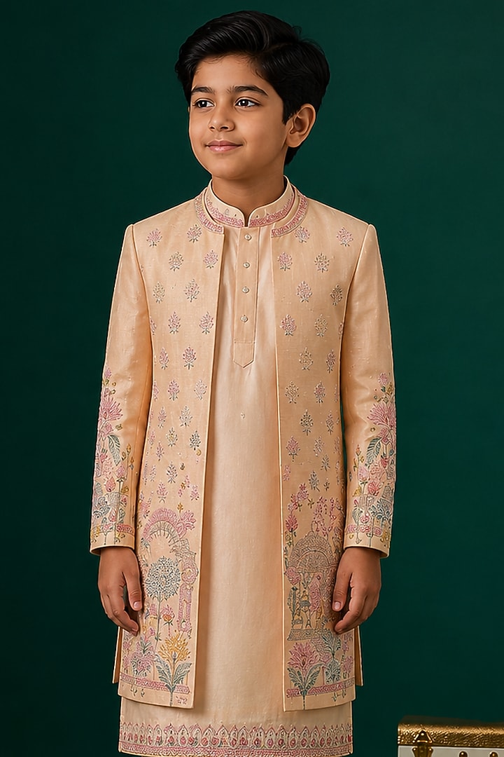 Peach Tussar Hand & Machine Embroidered Indowestern Set For Boys by Sammohan Kids at Pernia's Pop Up Shop
