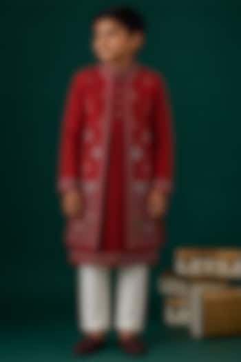Red Tussar & Raw Silk Embroidered Indowestern Set For Boys by Sammohan Kids at Pernia's Pop Up Shop