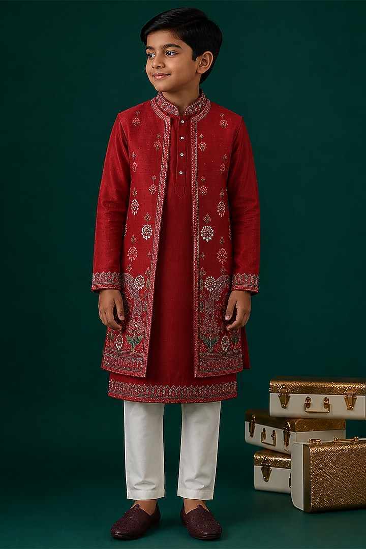 Red Tussar & Raw Silk Embroidered Indowestern Set For Boys by Sammohan Kids at Pernia's Pop Up Shop