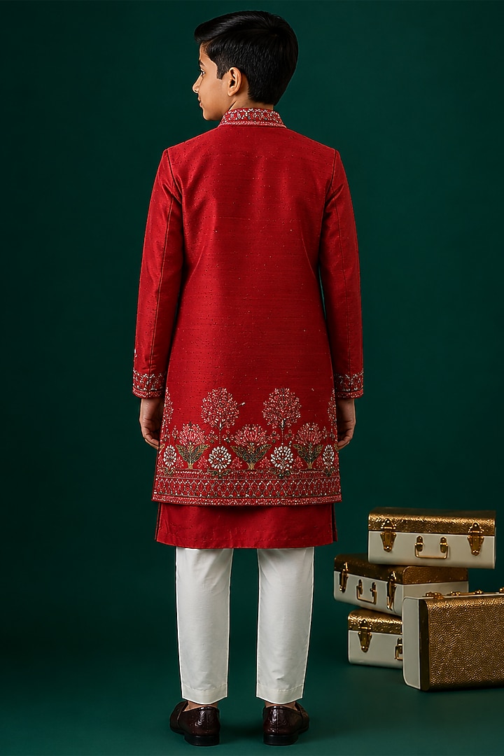 Red Tussar & Raw Silk Embroidered Indowestern Set For Boys by Sammohan Kids at Pernia's Pop Up Shop