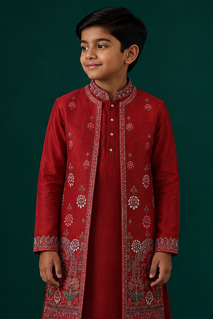 Red Tussar & Raw Silk Embroidered Indowestern Set For Boys by Sammohan Kids at Pernia's Pop Up Shop