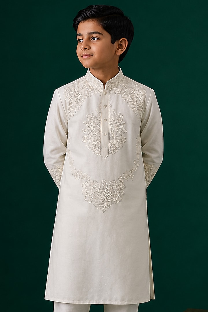Ivory Tussar Hand & Machine Embroidered Kurta Set For Boys by Sammohan Kids at Pernia's Pop Up Shop