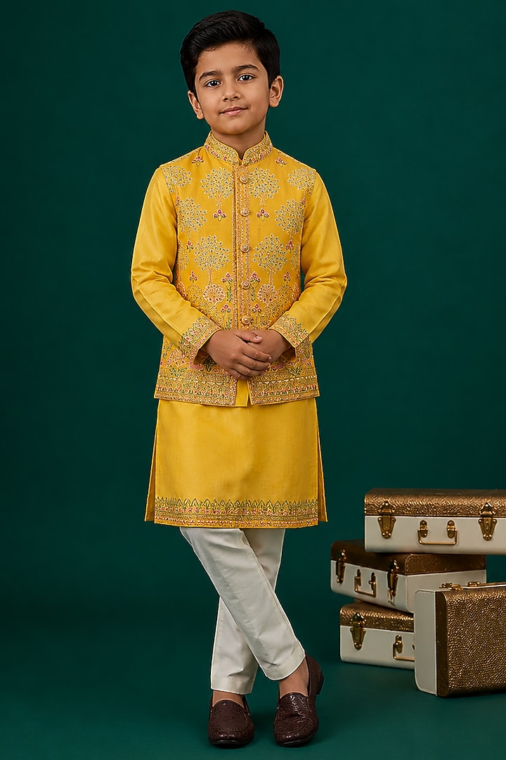 Yellow Tussar & Raw Silk Embroidered Bundi Jacket Set For Boys by Sammohan Kids at Pernia's Pop Up Shop