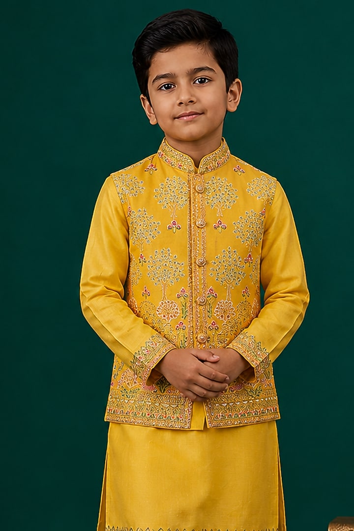 Yellow Tussar & Raw Silk Embroidered Bundi Jacket Set For Boys by Sammohan Kids at Pernia's Pop Up Shop