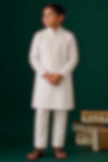 Ivory Tussar Hand & Machine Embroidered Kurta Set For Boys by Sammohan Kids at Pernia's Pop Up Shop